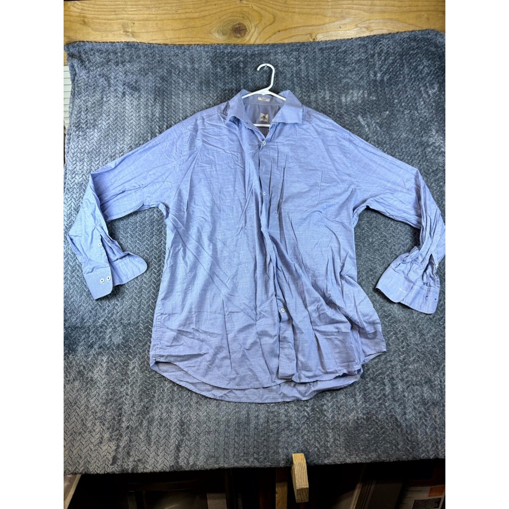 Peter Millar Dress Shirt Men 2XL Blue White Houndstooth Cotton Casual Button Up